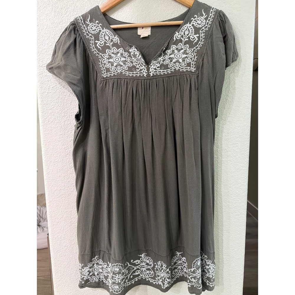 Roaman's Women 3X Grey Embroidered Boho Tunic Top Short Sleeve Rayon GM0314-2015